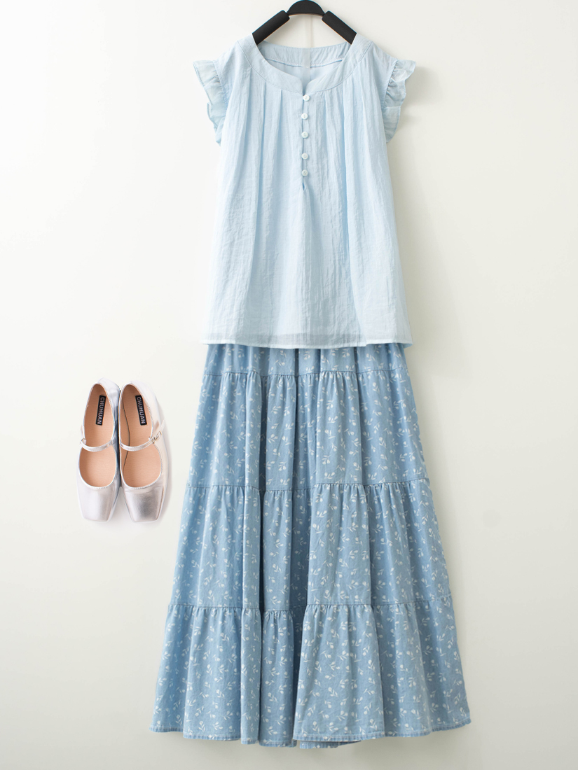 雪紡棉荷葉無袖上衣碎花牛仔蛋糕裙組合