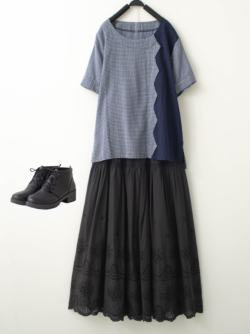 拼接短袖上衣蕾絲織帶下擺繡花棉長裙組合