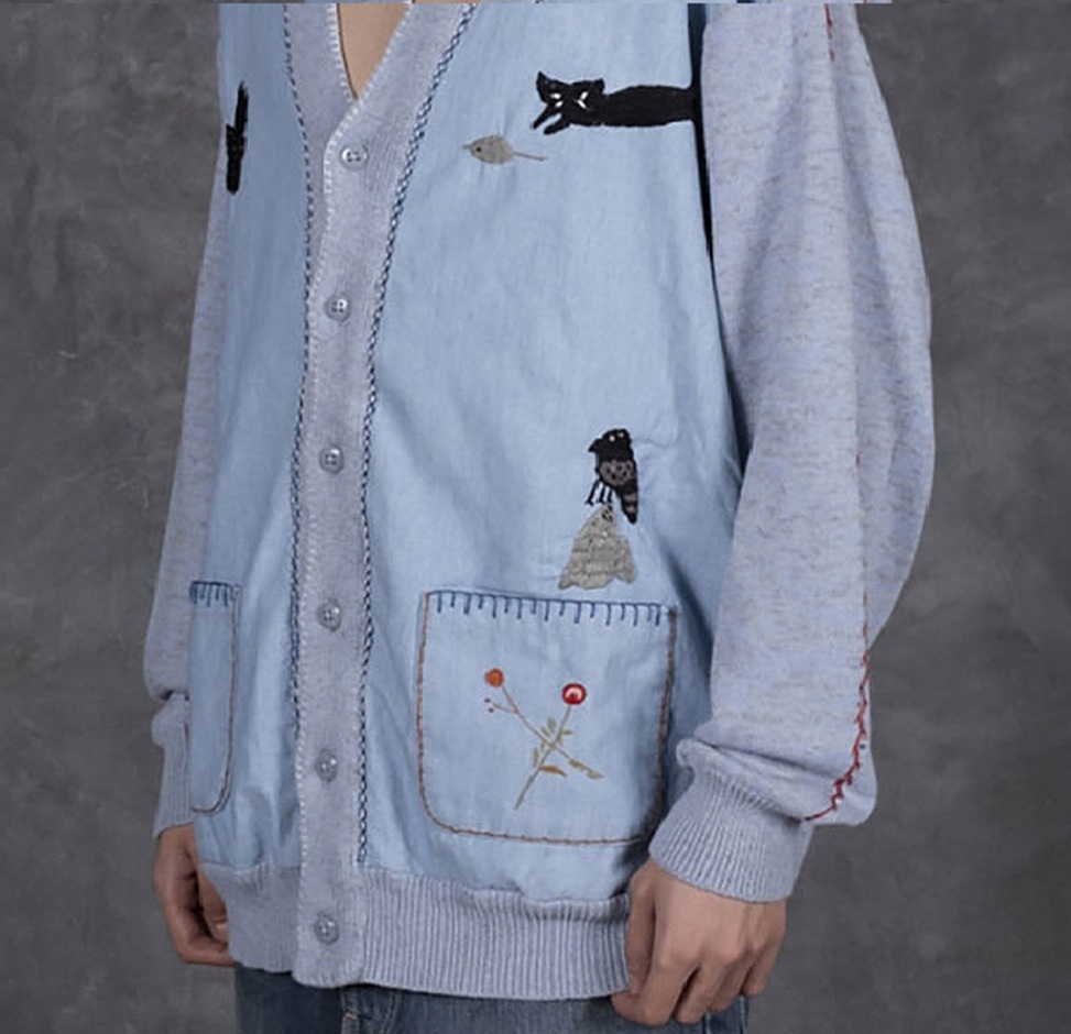 KAPITAL Knit and Chambray CARDIGAN (CROW AND CAT EMBROIDERY) - PRE ORDER ITEM (預訂中)