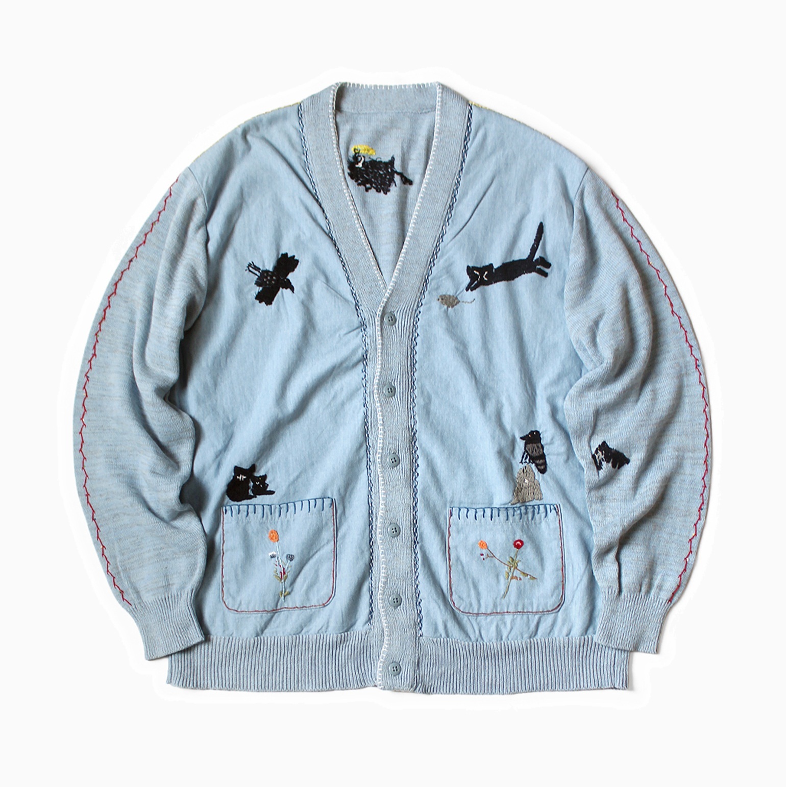 KAPITAL Knit and Chambray CARDIGAN (CROW AND CAT EMBROIDERY) - PRE ORDER ITEM (預訂中)