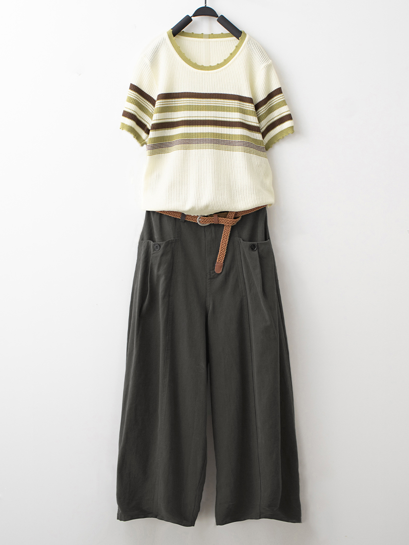 微簍空針織短袖跳色配釦剪接設計寬褲組合