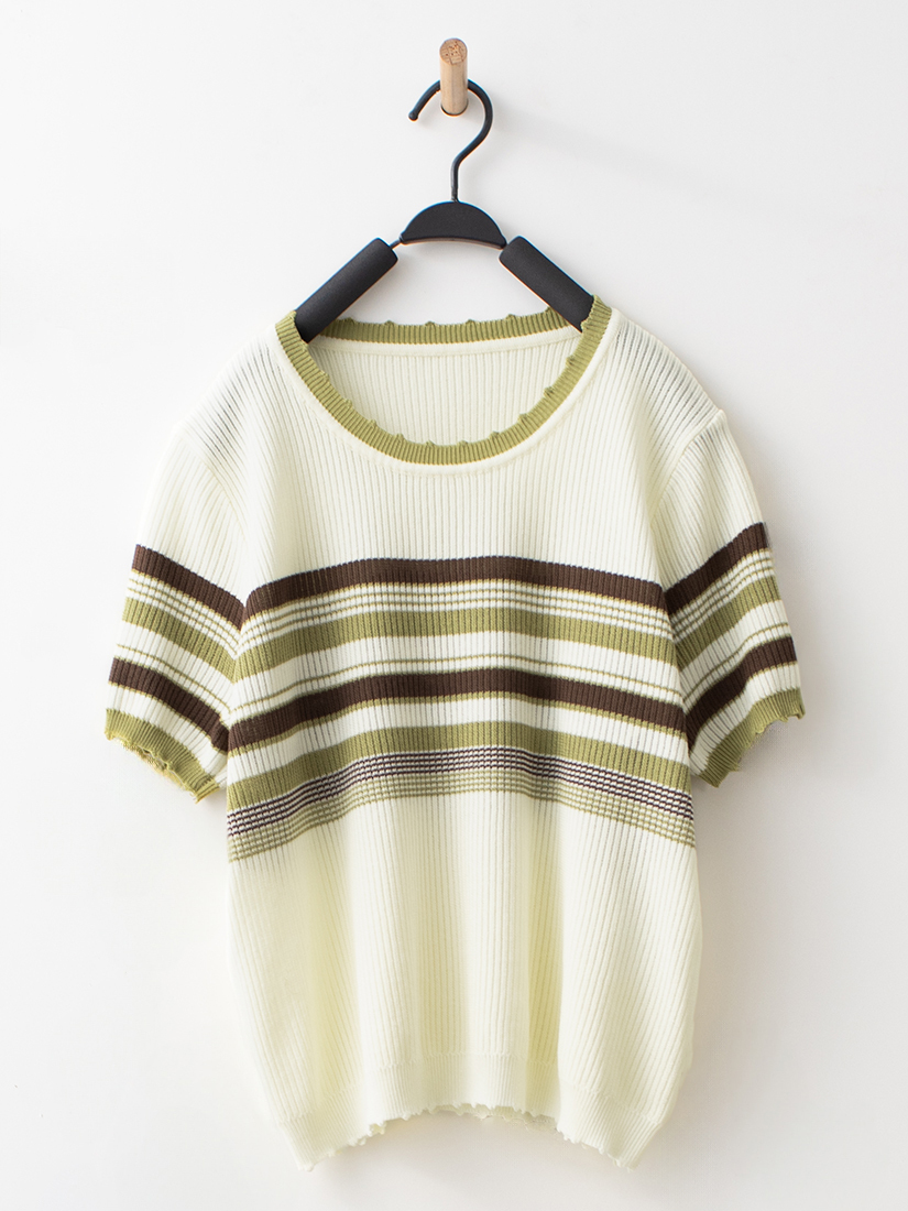 微簍空針織短袖跳色配釦剪接設計寬褲組合