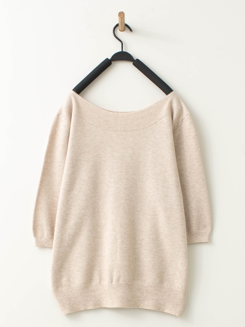 日常簡約船型領棉柔針織七分袖上衣