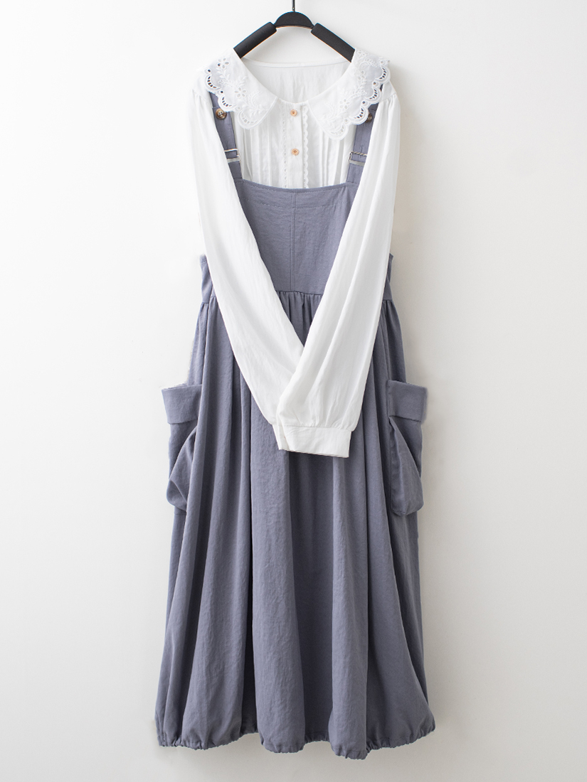 花苞吊帶洋裝蕾絲繡花領壓褶開襟長袖襯衫組合