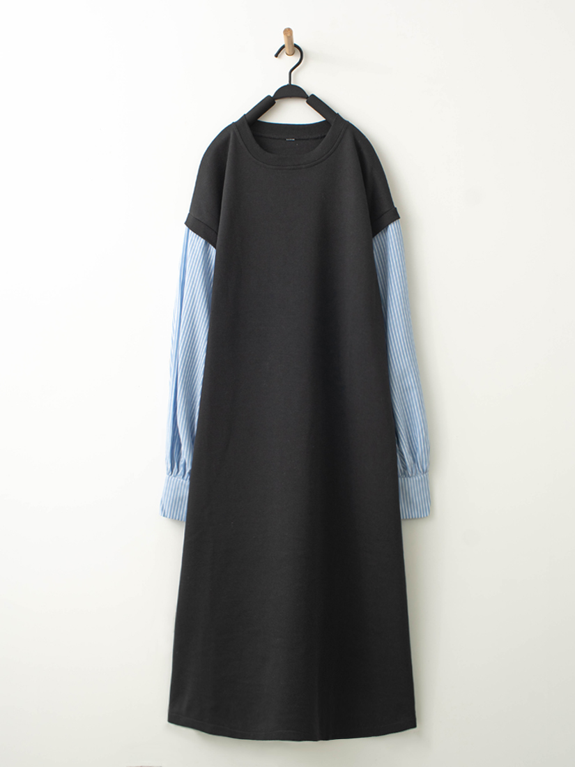 條紋袖剪接配色毛圈布連身洋裝