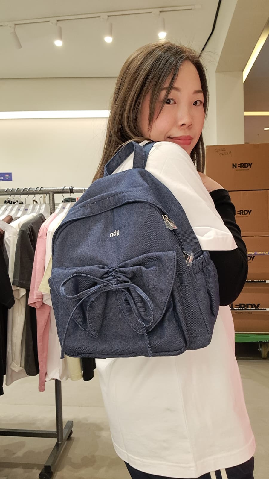 韓國代購 NERDY Denim Ribbon Shirring Mini Backpack NE13