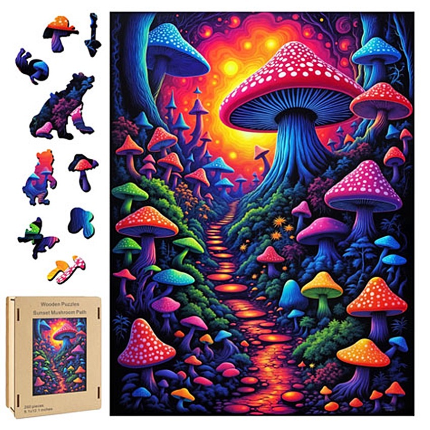 SUNSET MUSHROOM PATH WHIMSY WOODEN PUZZLE