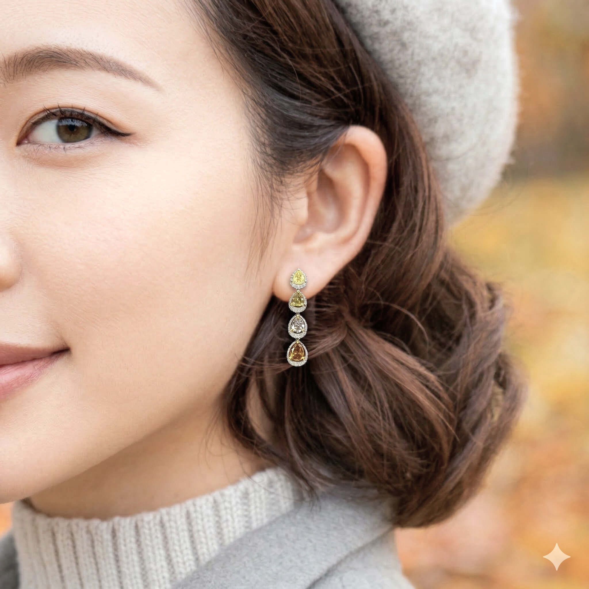 全新18K金2卡61份梨形彩鑽配小鑽共2卡73份鑽石耳環