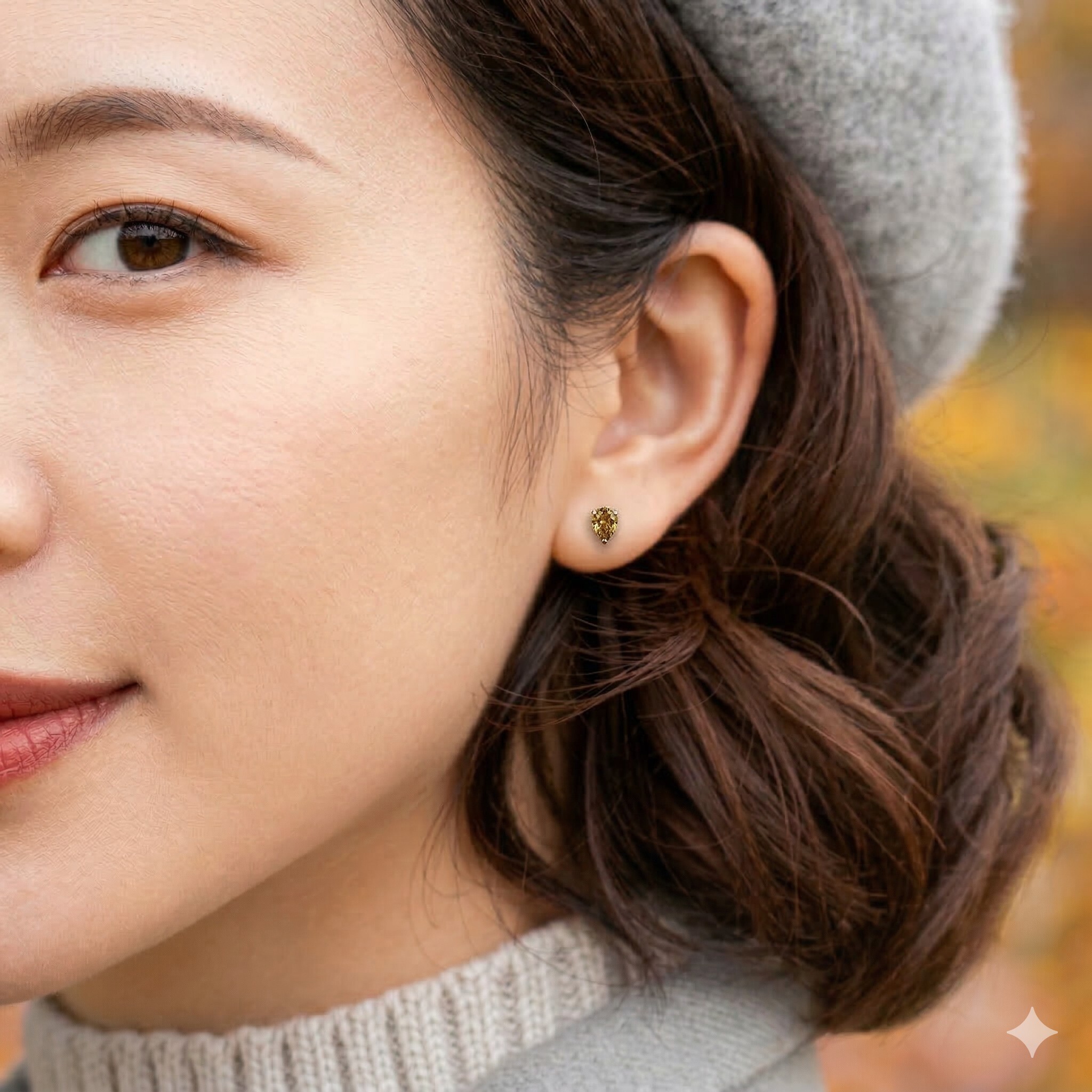 全新18K白金 【72份咖啡梨形鑽】耳環