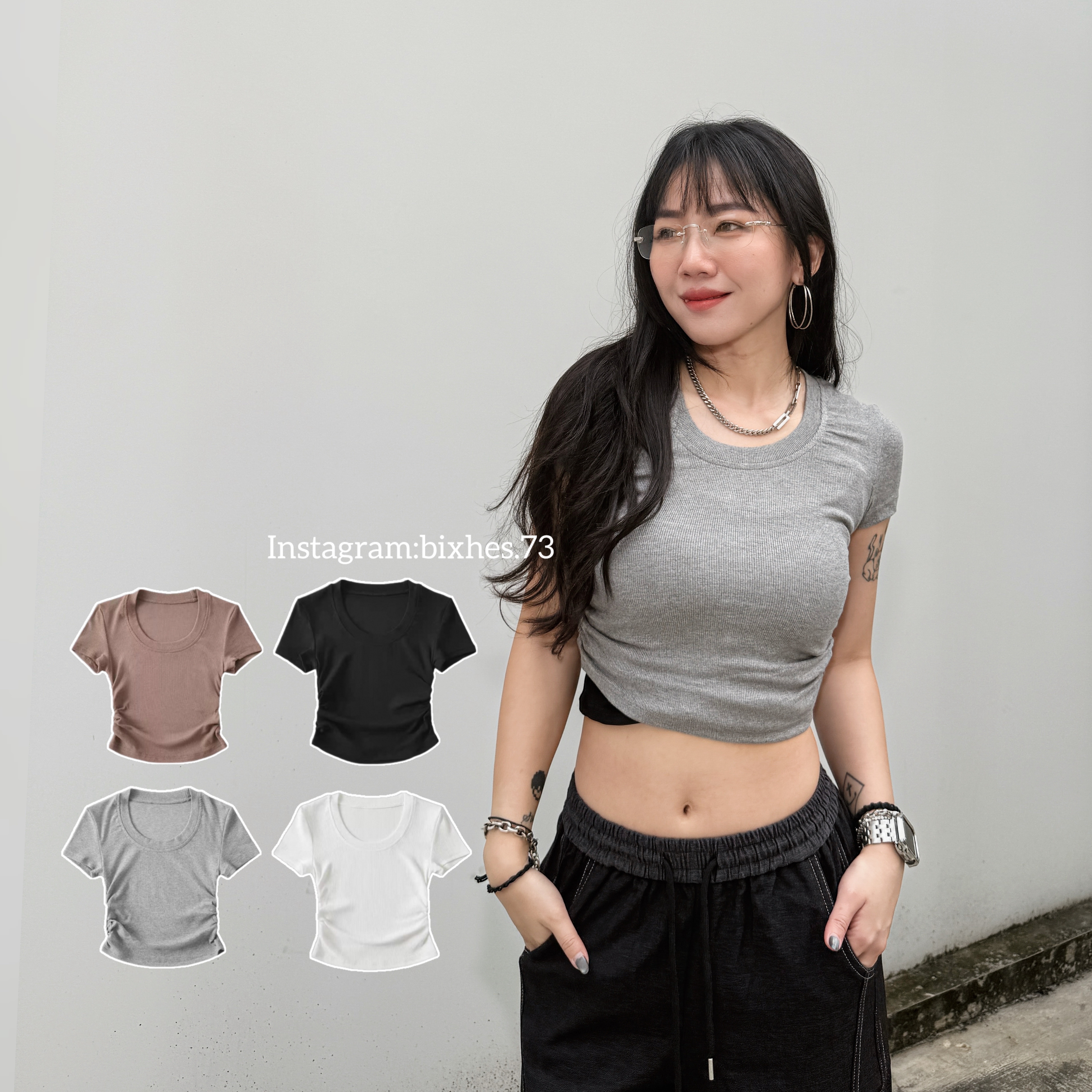 圓領側皺彈性短版T(A00086)