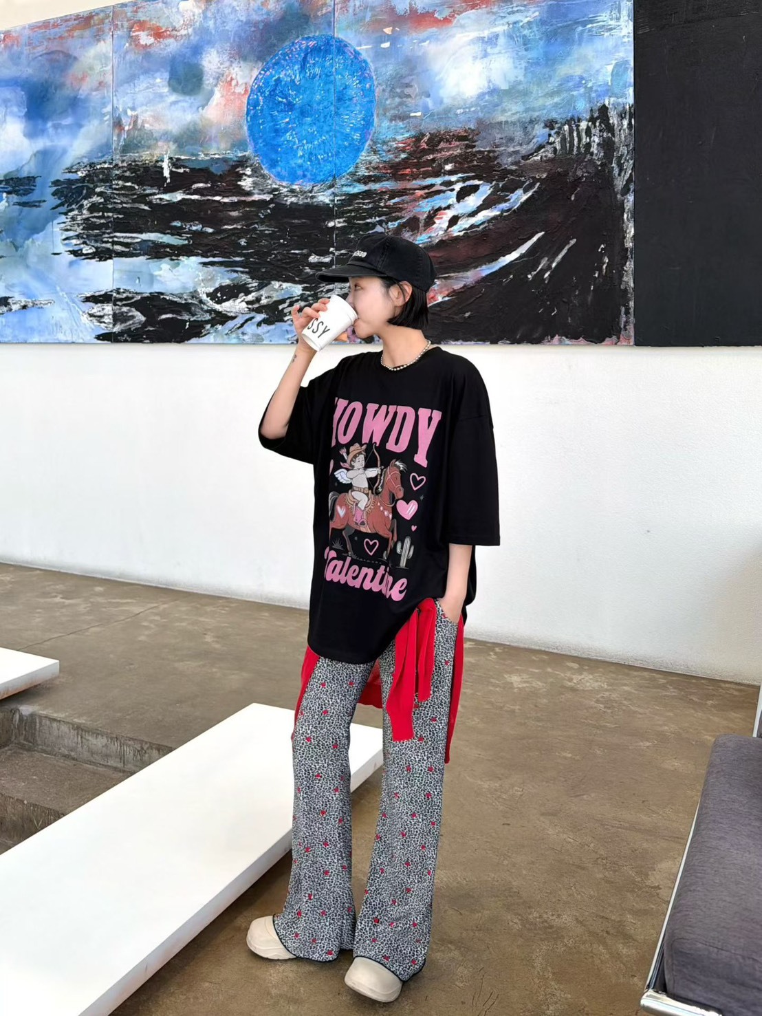 愛心豹紋休閒喇叭直筒褲