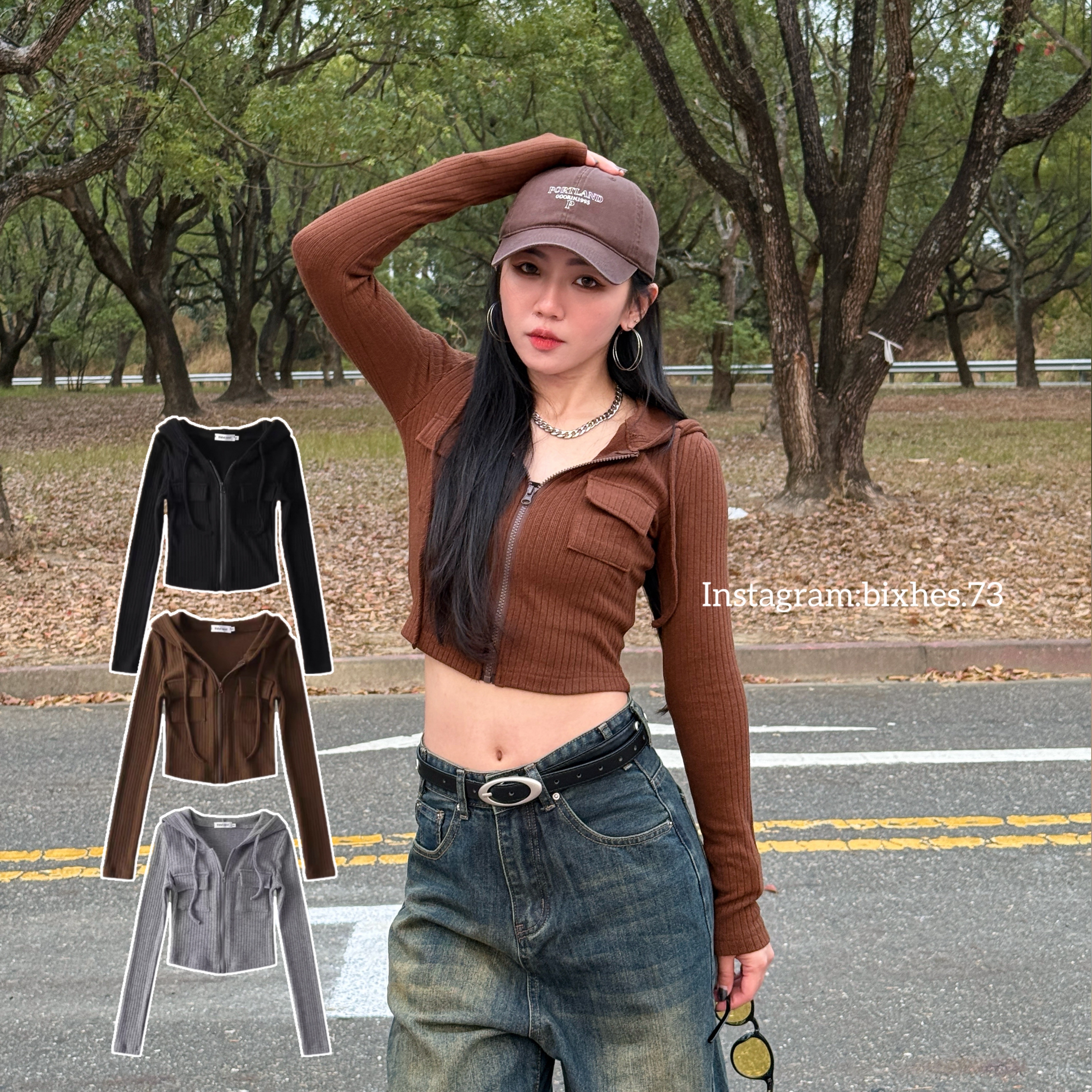 連帽坑條雙口袋拉鍊長T(B00053)