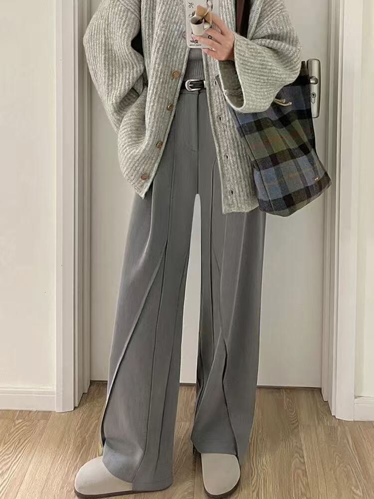 8521-極簡灰色系垂墜感顯高剪裁西裝褲