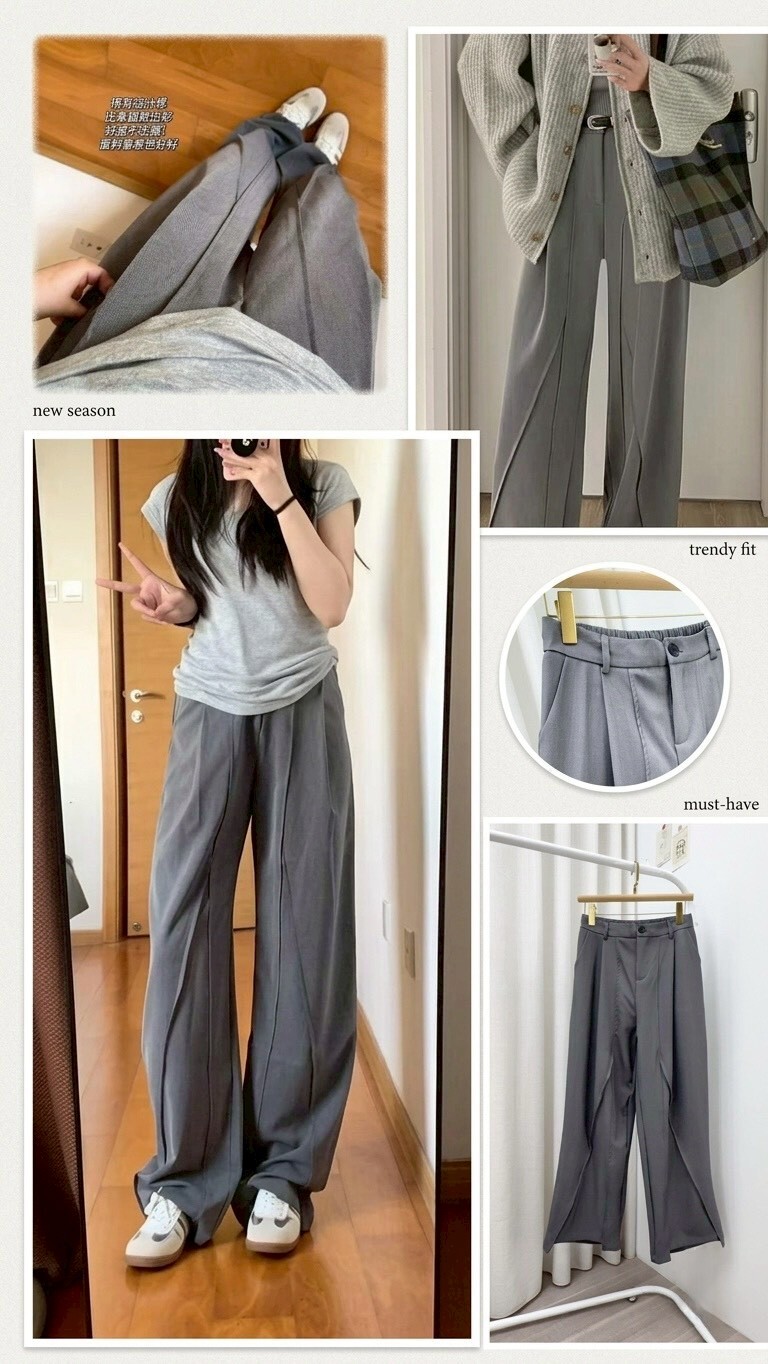 8521-極簡灰色系垂墜感顯高剪裁西裝褲