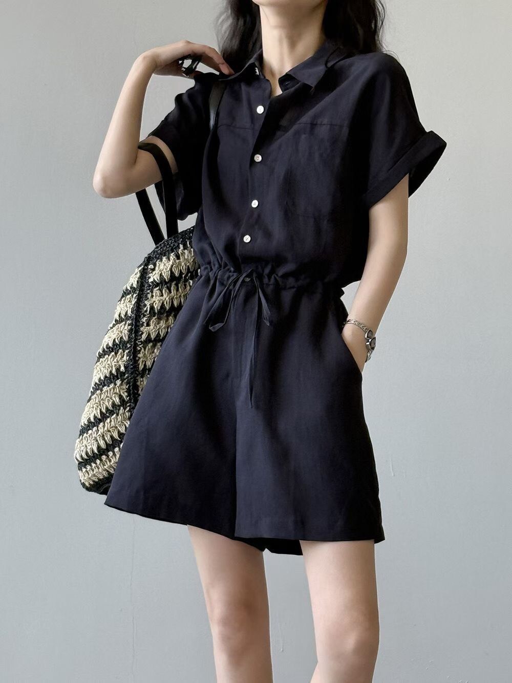 202612-韓系率性工裝口袋抽繩連身褲