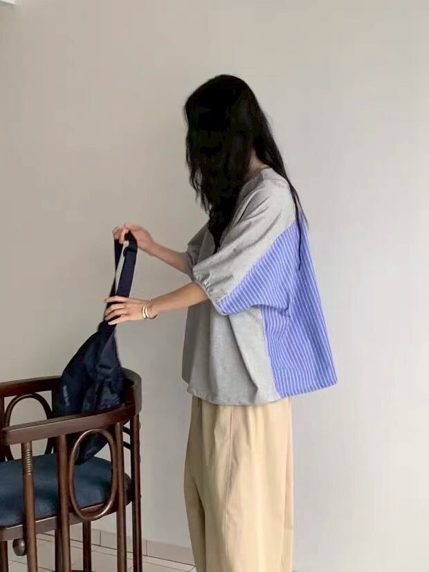 202623-休閒感純棉袖縮口後拼條紋衫