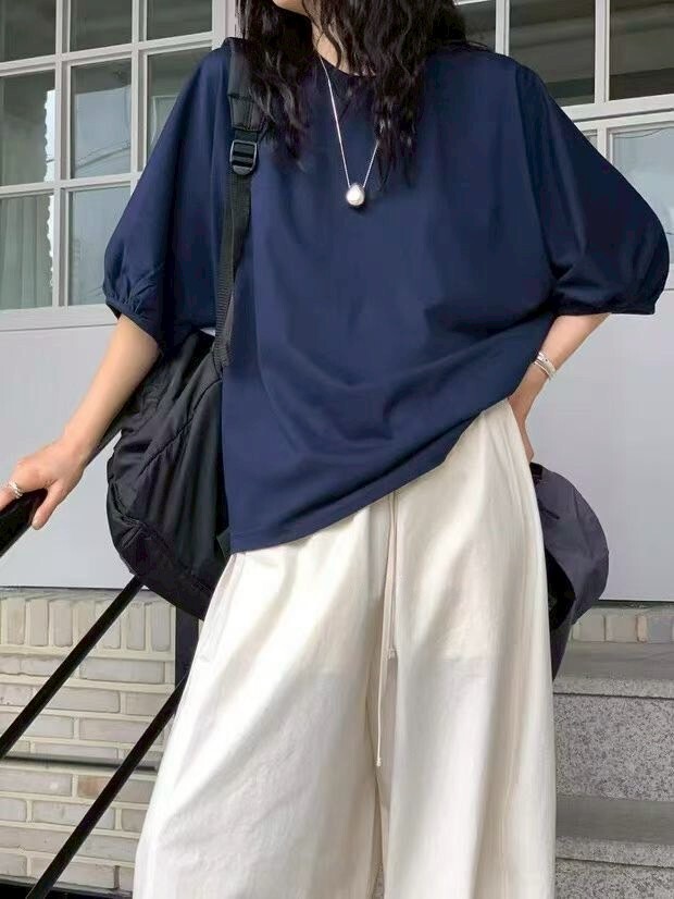 202623-休閒感純棉袖縮口後拼條紋衫