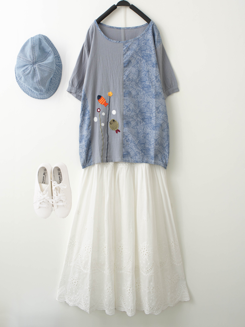 小魚刺繡拼接上衣蕾絲下擺繡花棉長裙組合