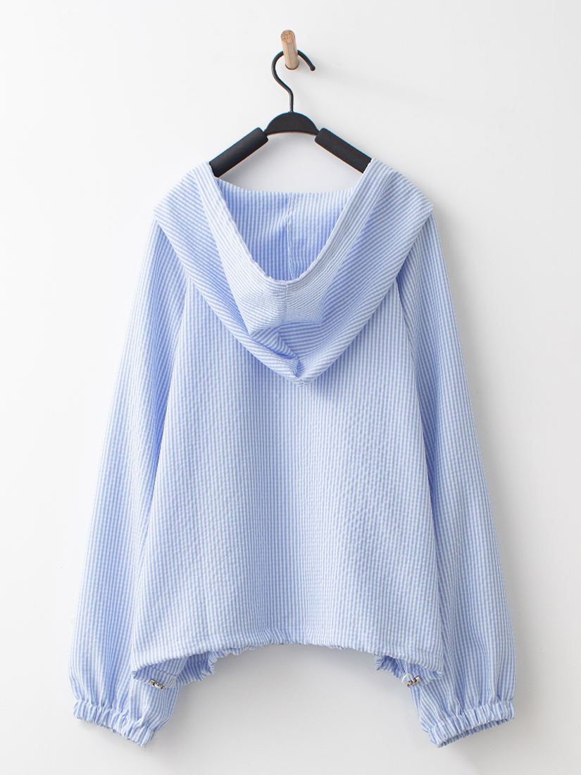 日系清新直條紋半開襟連帽拉鍊口袋上衣