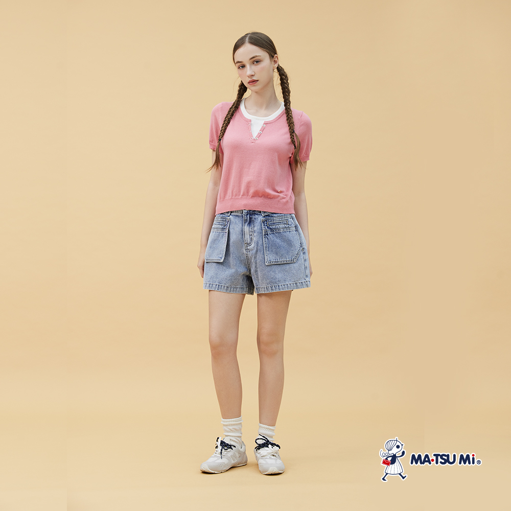 MA‧TSU Mi 清新撞色假兩件針織短袖上衣(粉.草綠)