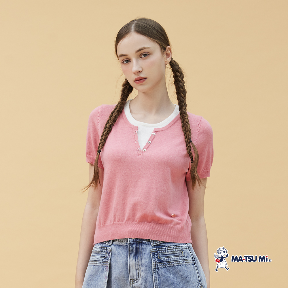MA‧TSU Mi 清新撞色假兩件針織短袖上衣(粉.草綠)