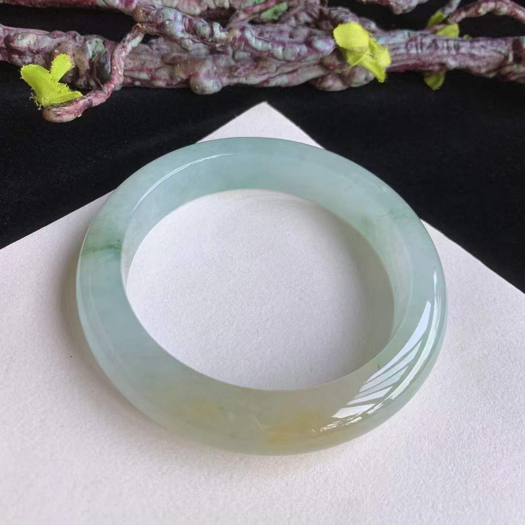 翡翠冰種冰潤飄黃翡正圈手鐲,天然翡翠A玉, 緬甸玉, Jade, Jadeite