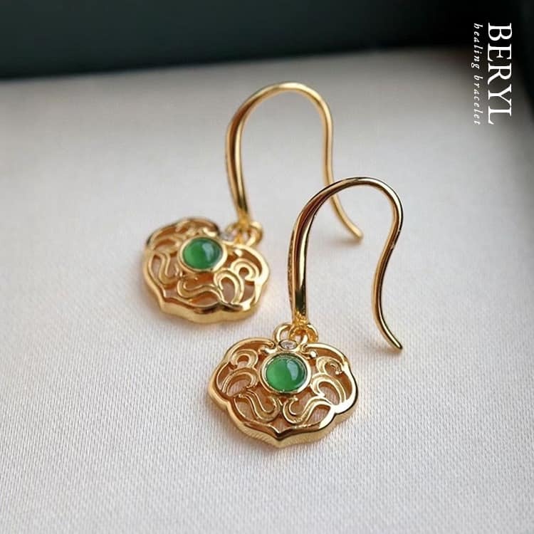 新中式風情，精品翡翠冰綠如意耳環