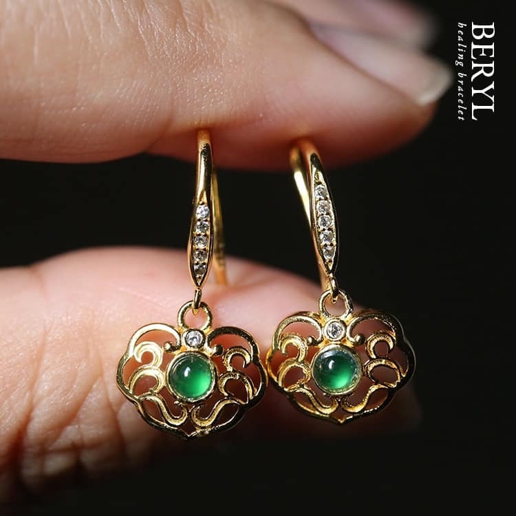 新中式風情，精品翡翠冰綠如意耳環