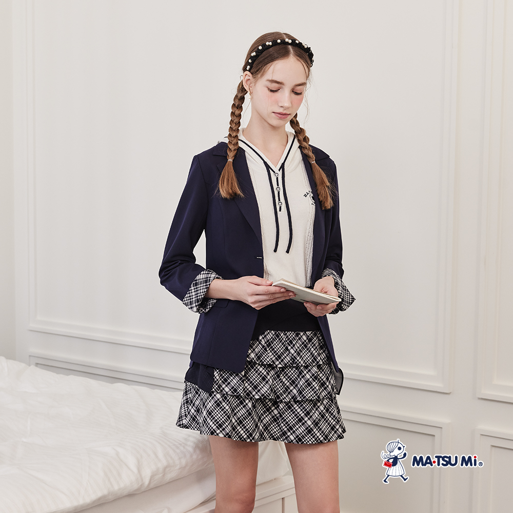 MA‧TSU Mi 率性撞色微鏤空紋理開釦連帽針織短袖上衣(白.深藍)