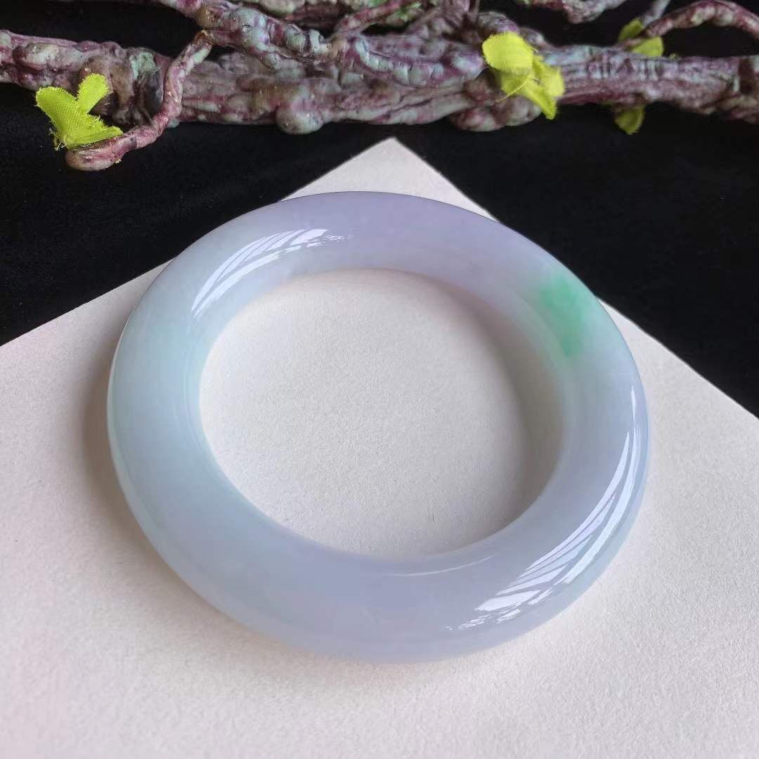 翡翠冰糯紫羅蘭飄綠胖圓條手鐲,天然翡翠A玉, 緬甸玉, Jade, Jadeite