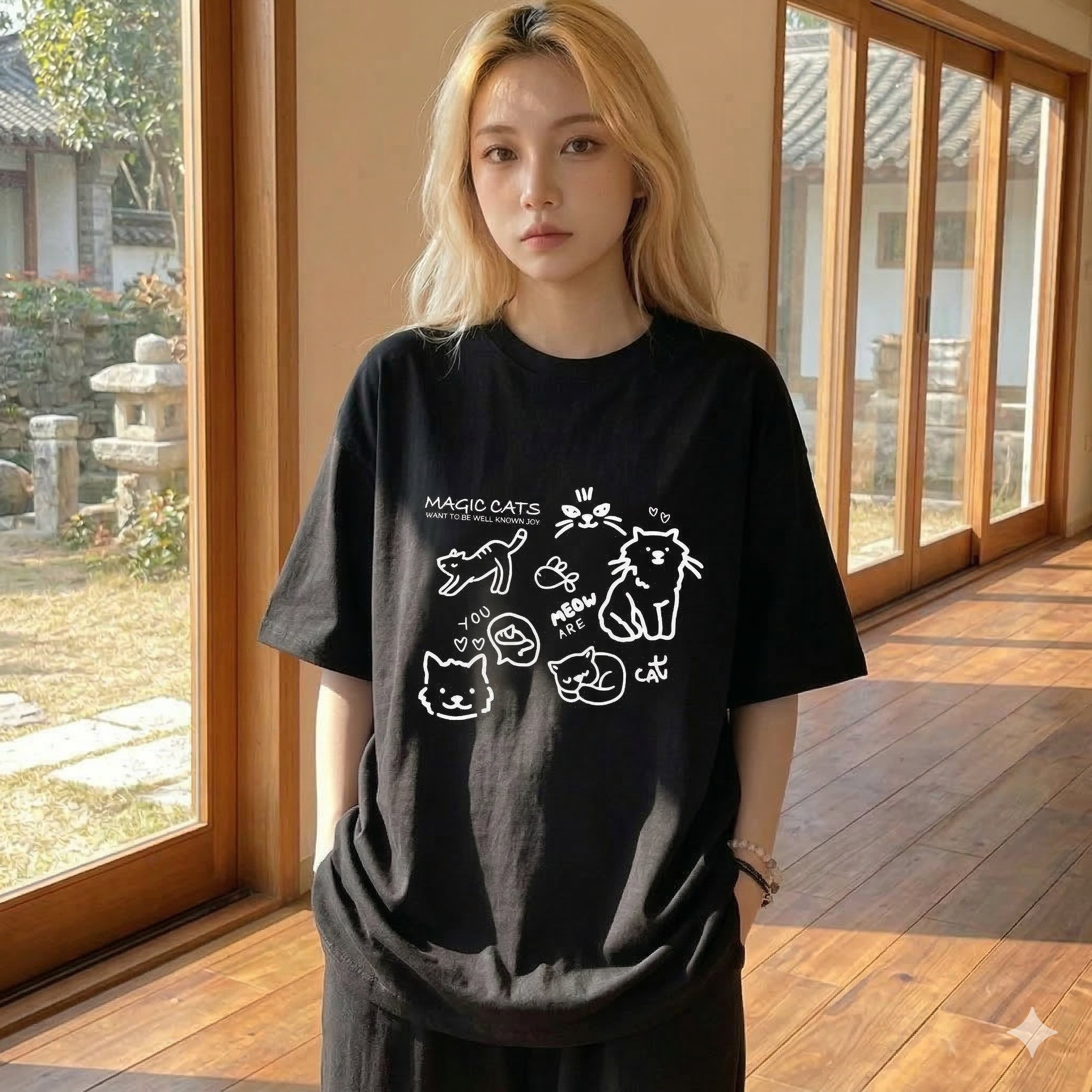 【ASister 小姊姊】AS1399#中大尺碼純棉上衣☆*神奇貓咪*中長版短袖T恤(5色 M-6XL)