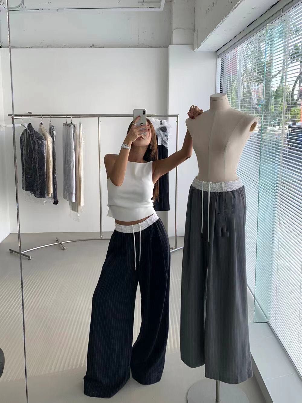 0162-撞色腰直條綁帶西裝褲