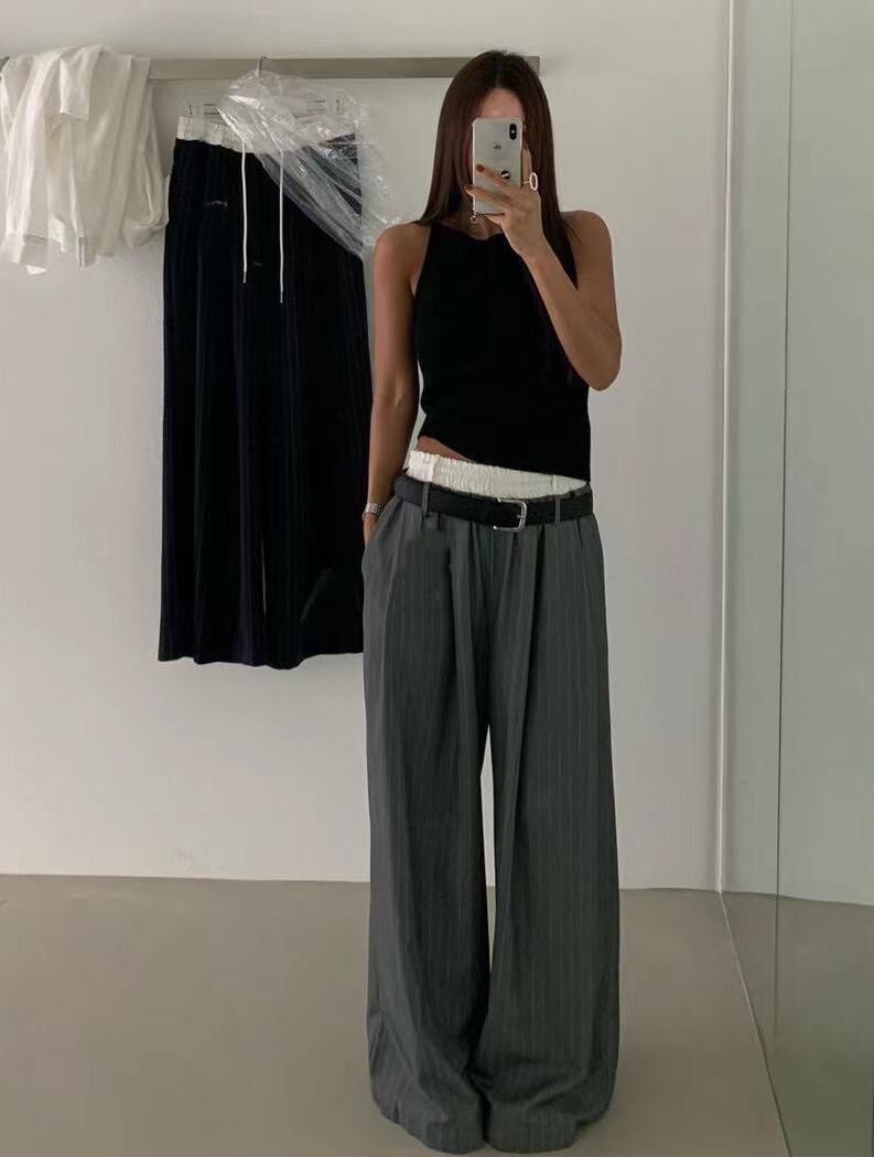 0162-撞色腰直條綁帶西裝褲