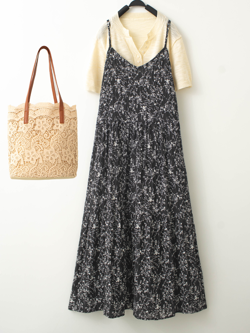 碎花細褶肩帶長洋裝半門襟針織上衣組合