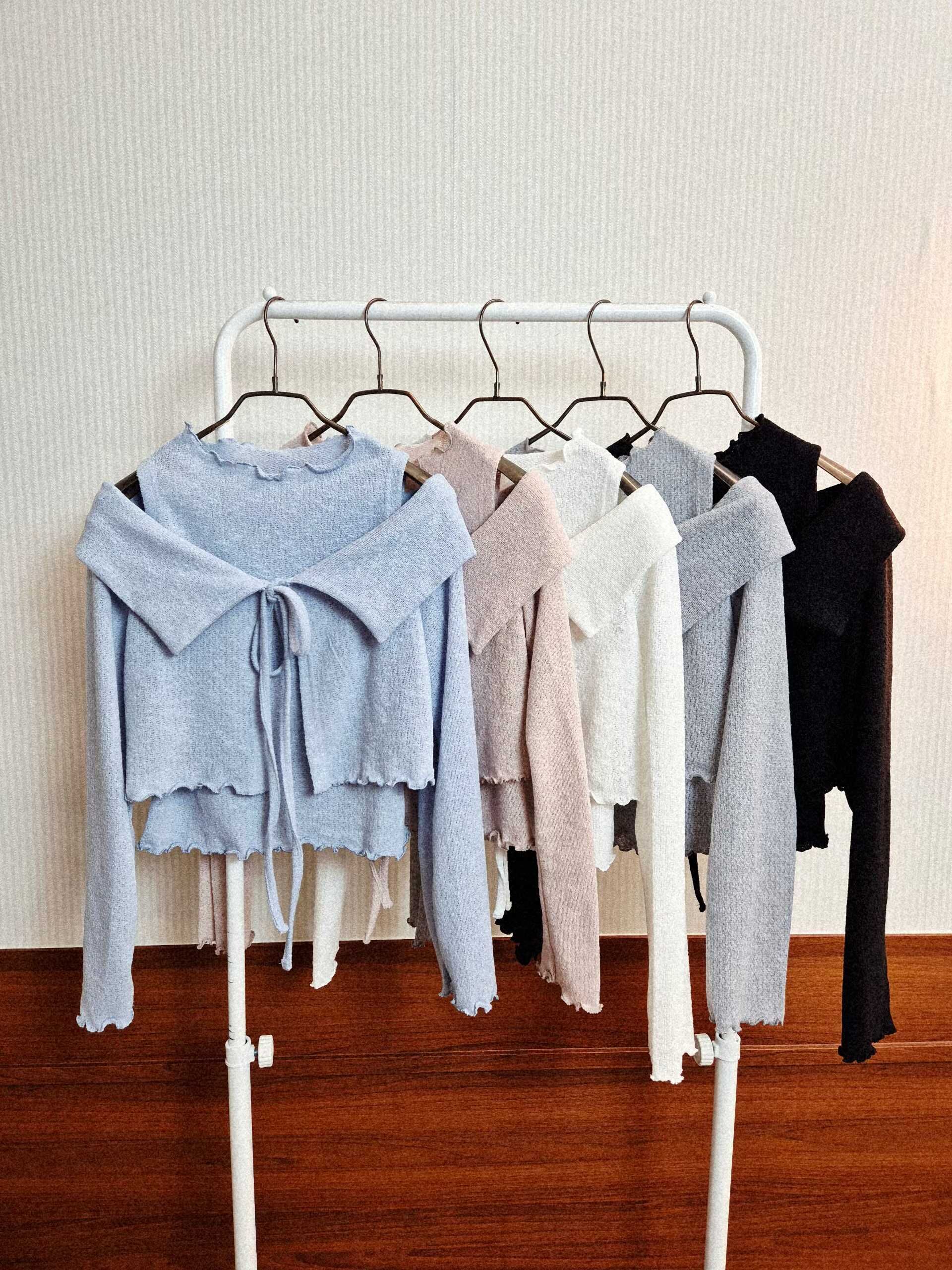 #02_兩件式露肩針織繫帶上衣 (藍色/粉色/白色/灰色/黑色)