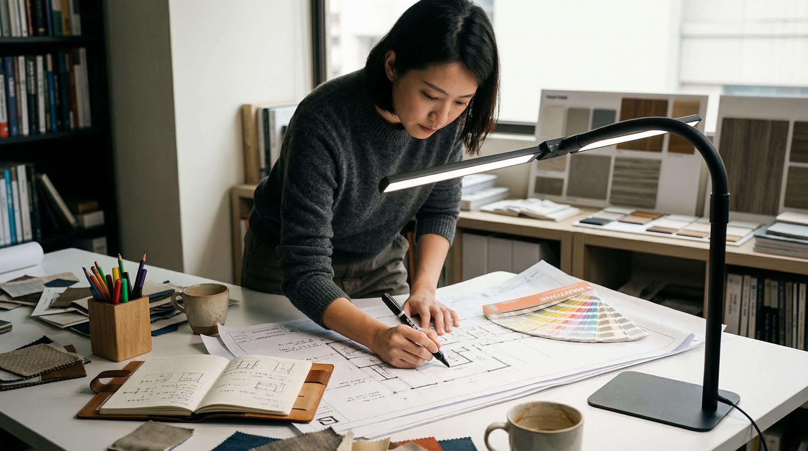 室內設計師在工作室使用光之塔護眼檯燈