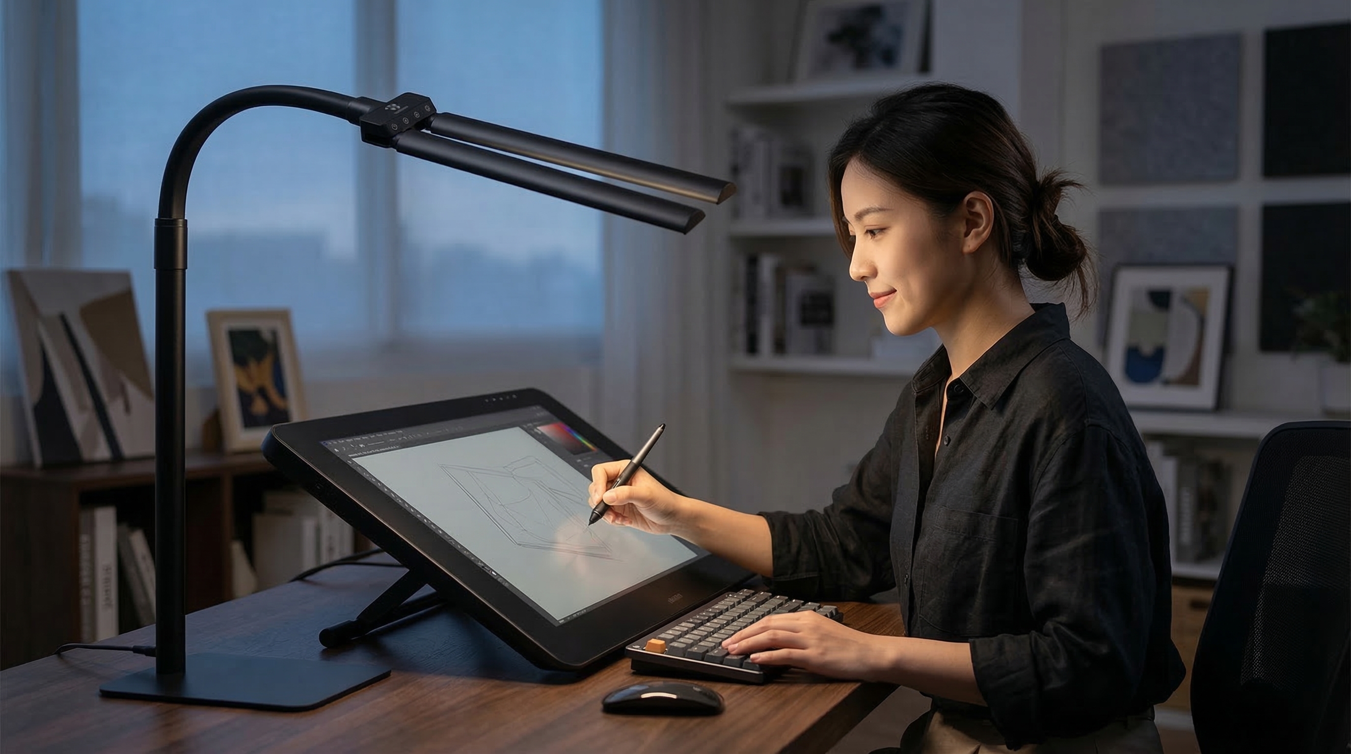 影像創作者剪輯影片使用無反光檯燈