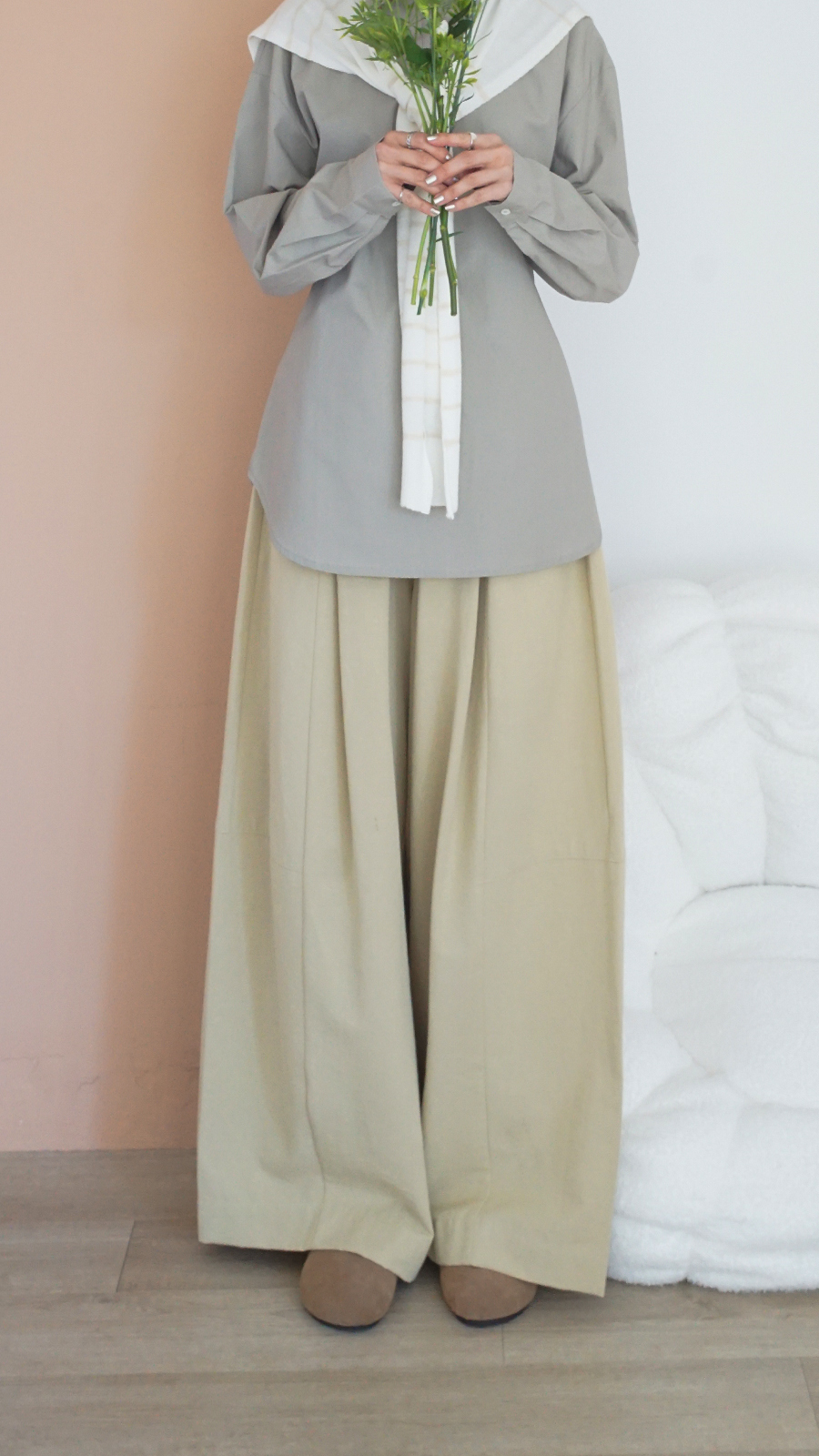 腰綁帶竹節棉寬褲