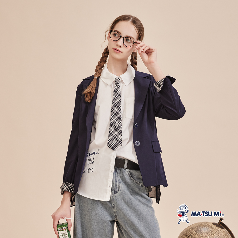 MA‧TSU Mi 知性學院風鹽縮布格紋領帶造型純棉短袖襯衫(白)