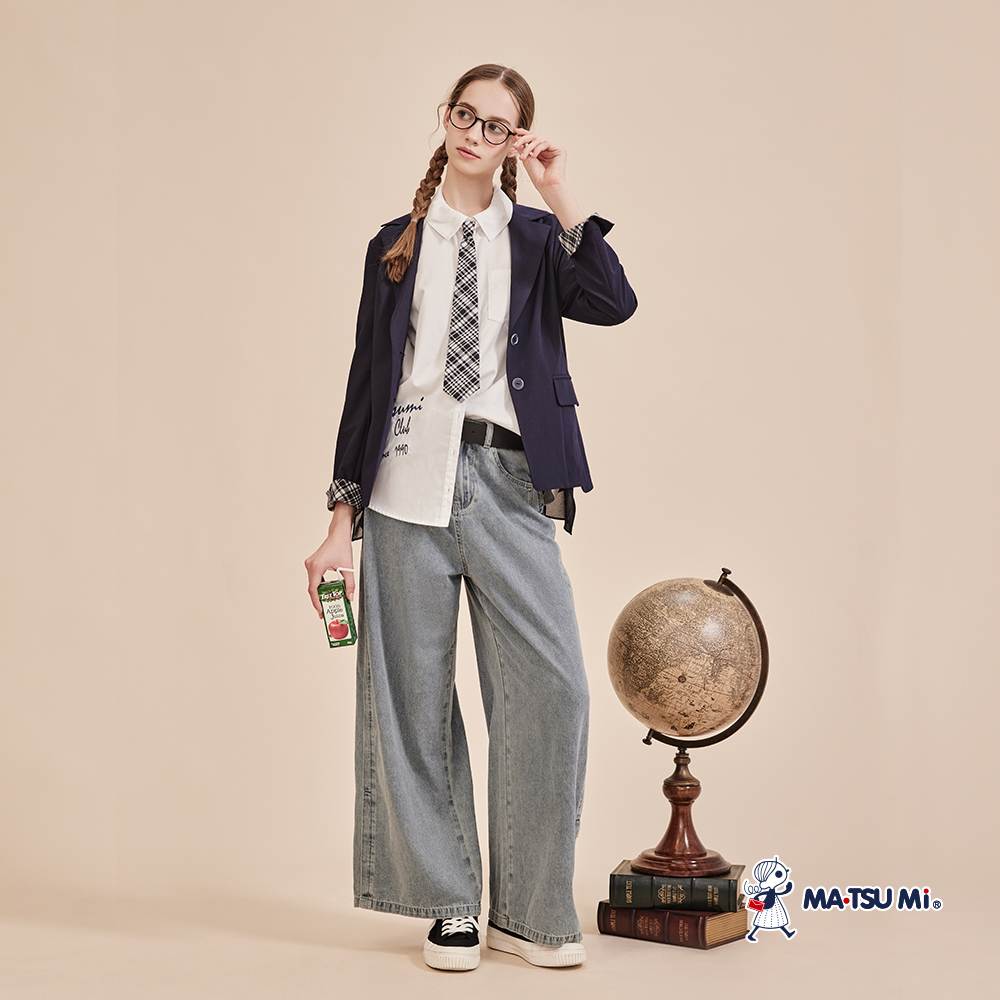 MA‧TSU Mi 知性學院風鹽縮布格紋領帶造型純棉短袖襯衫(白)