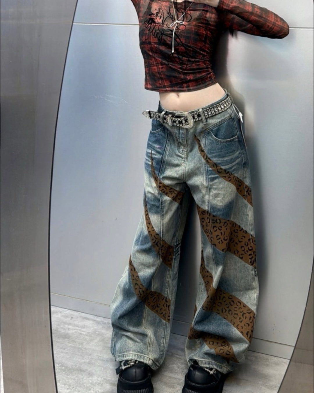 豹紋拼接牛仔褲