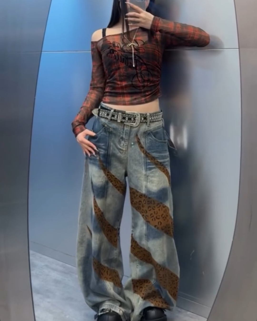 豹紋拼接牛仔褲