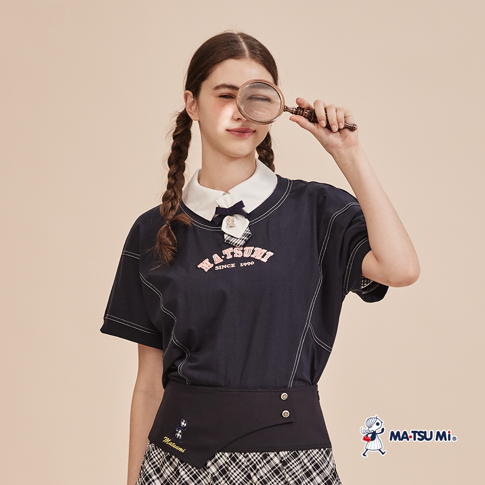 MA‧TSU Mi 美式復古撞色縫線寬鬆短版短袖上衣(白.深藍)