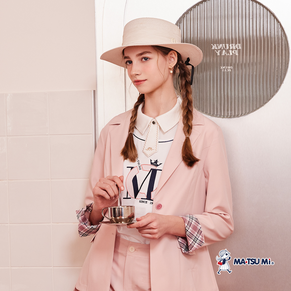 MA‧TSU Mi 經典格線撞色字母刺繡短袖上衣(白.深藍)