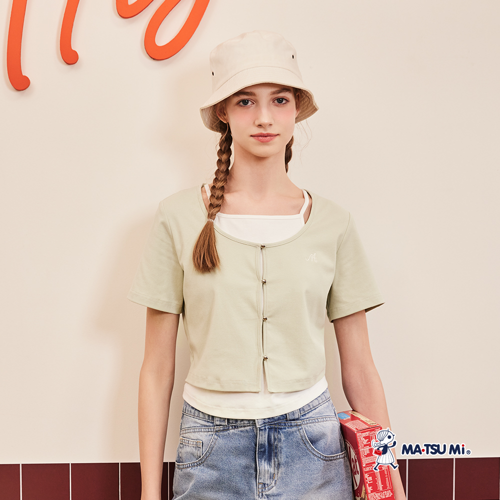 MA‧TSU Mi 小清新假兩件扣飾顯瘦短版短袖上衣(粉.草綠)