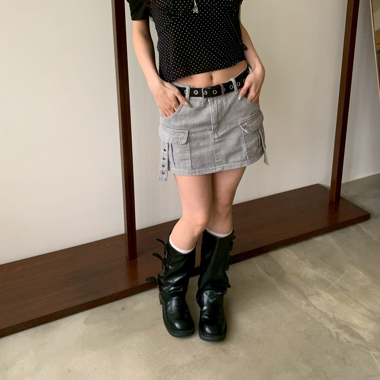 ISA_酷辣狙擊 (附皮帶)水洗牛仔工裝短裙_63017