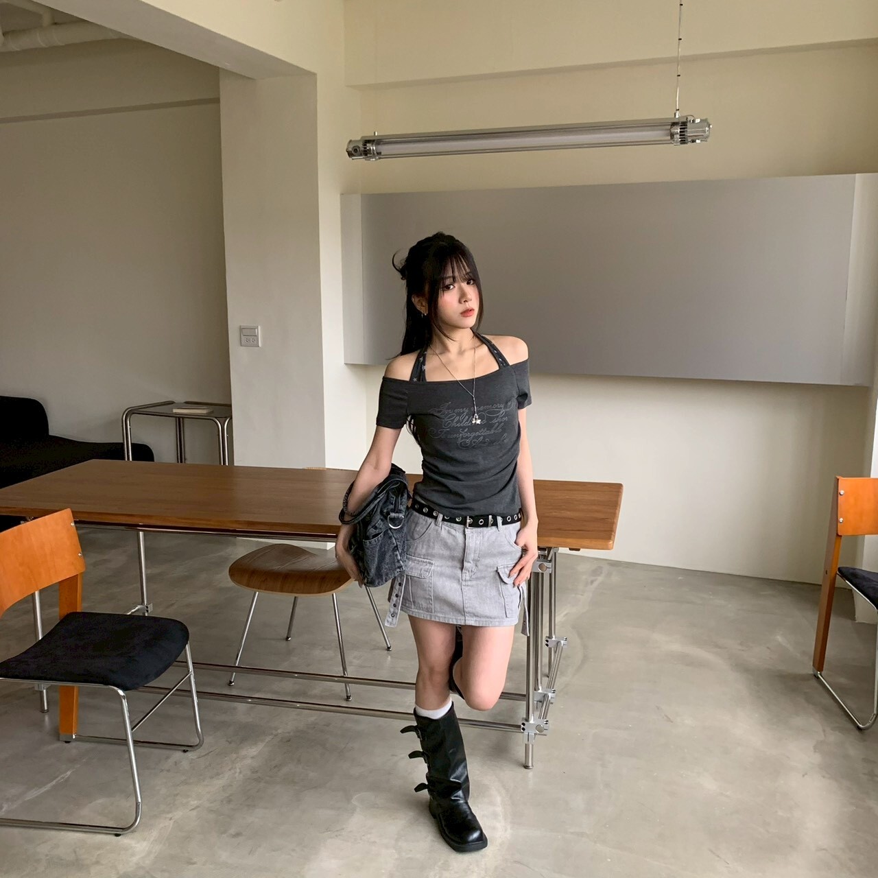 ISA_酷辣狙擊 (附皮帶)水洗牛仔工裝短裙_63017