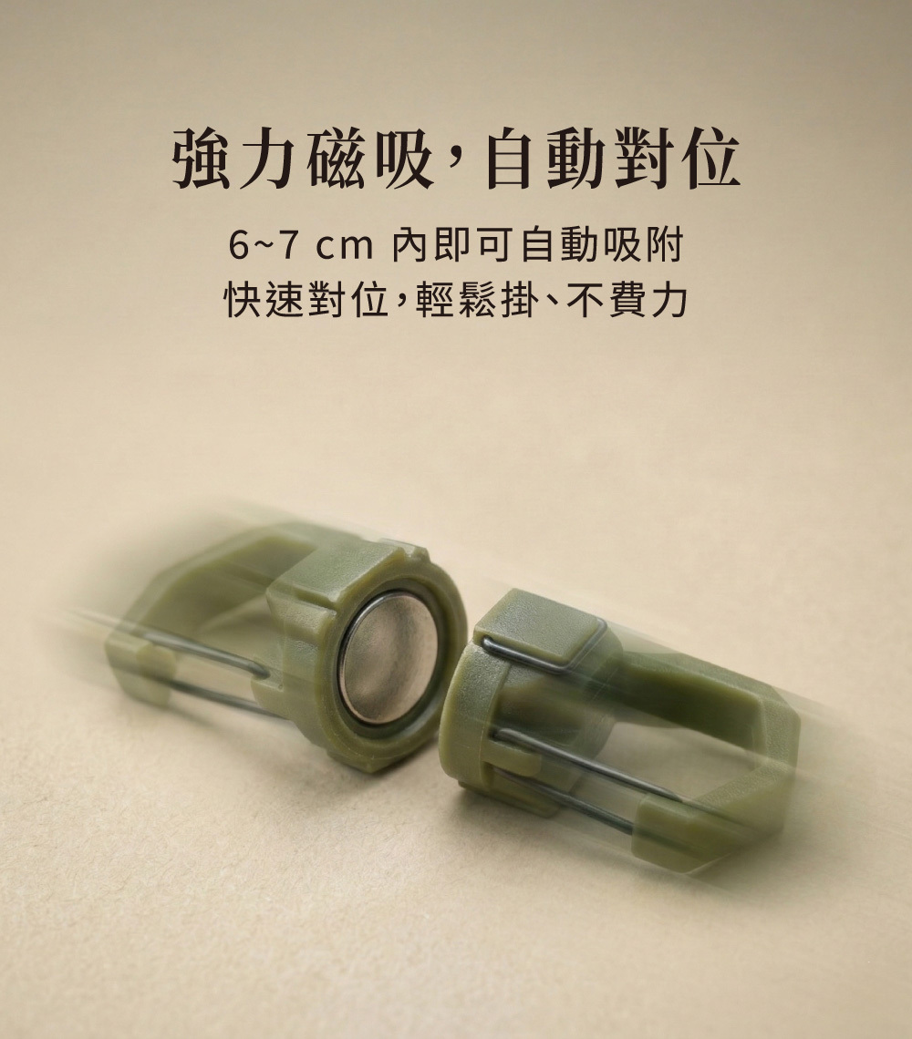 強力磁吸功能展示，強調 6-7 cm 內即可自動對位吸附，操作快速省力