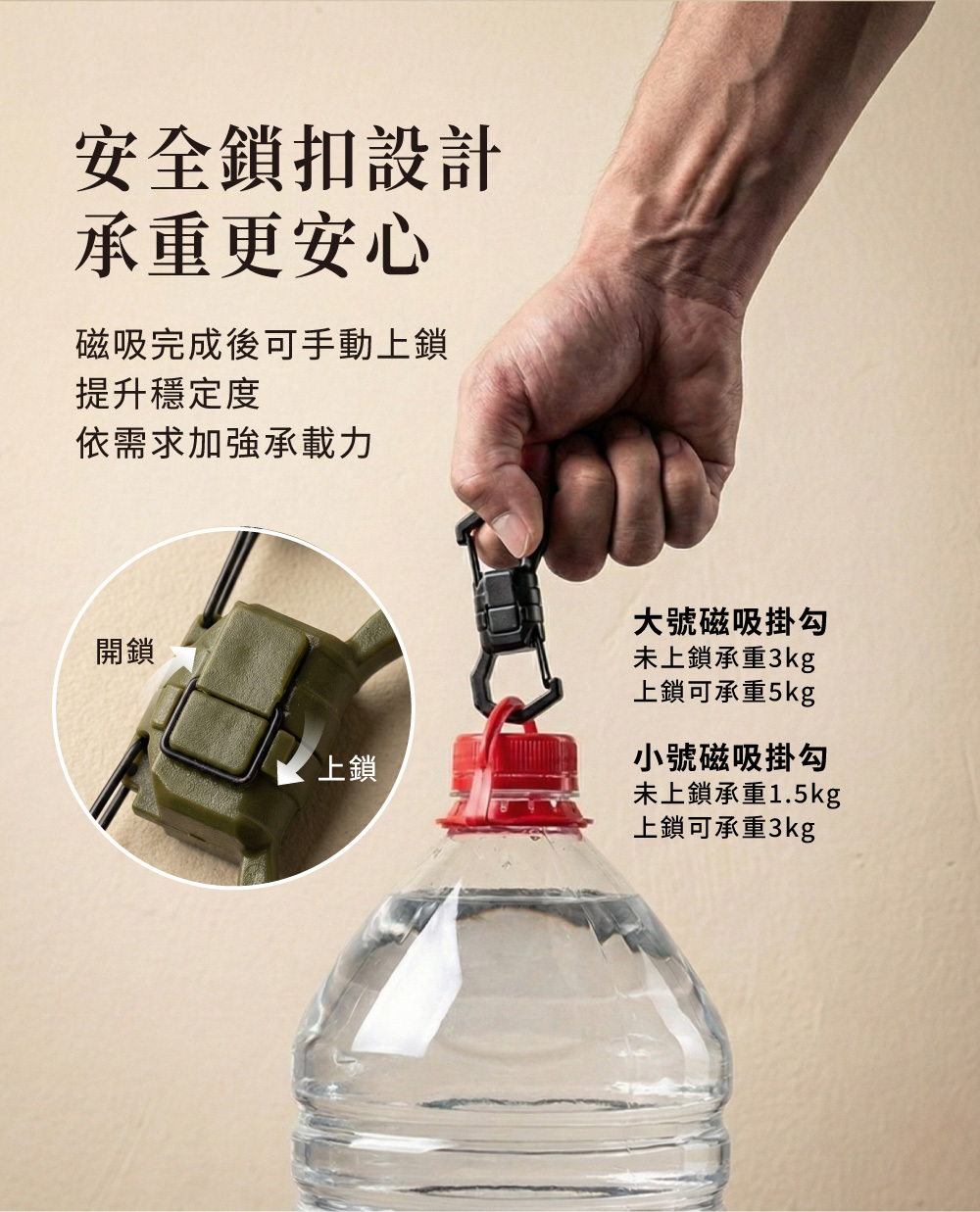 安全鎖扣設計與承重對比，大號掛勾上鎖後承重可達 5kg，小號上鎖後承重 3kg，展示手提重裝水瓶的穩定度