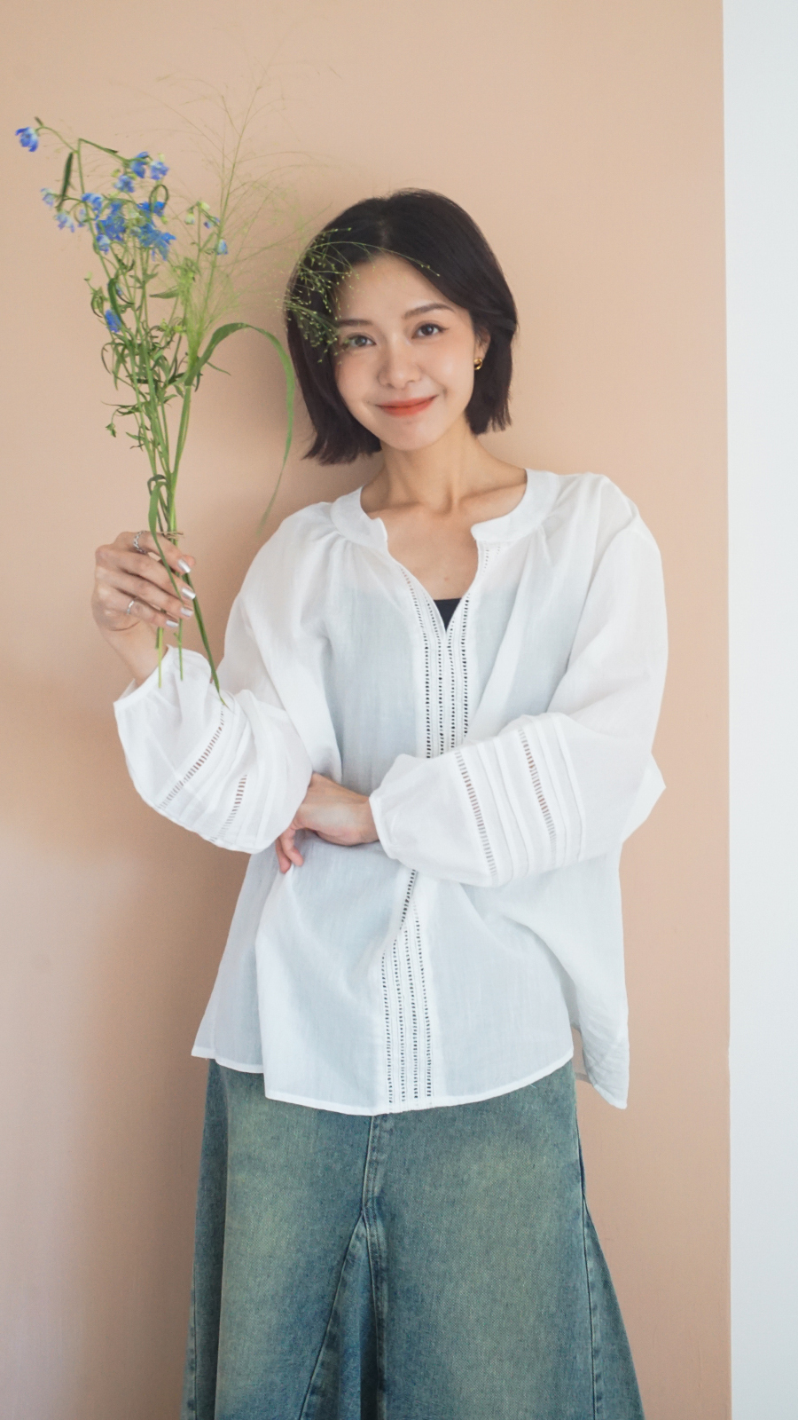 拼接花邊剪裁棉麻上衣